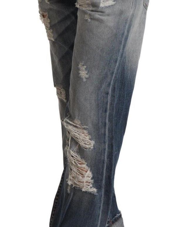 Blue Tattered Mid Waist Straight Denim Cotton Jeans