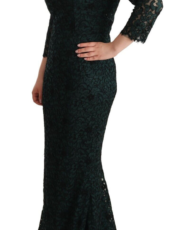 Green Floral Lace Maxi Floor Length Dress