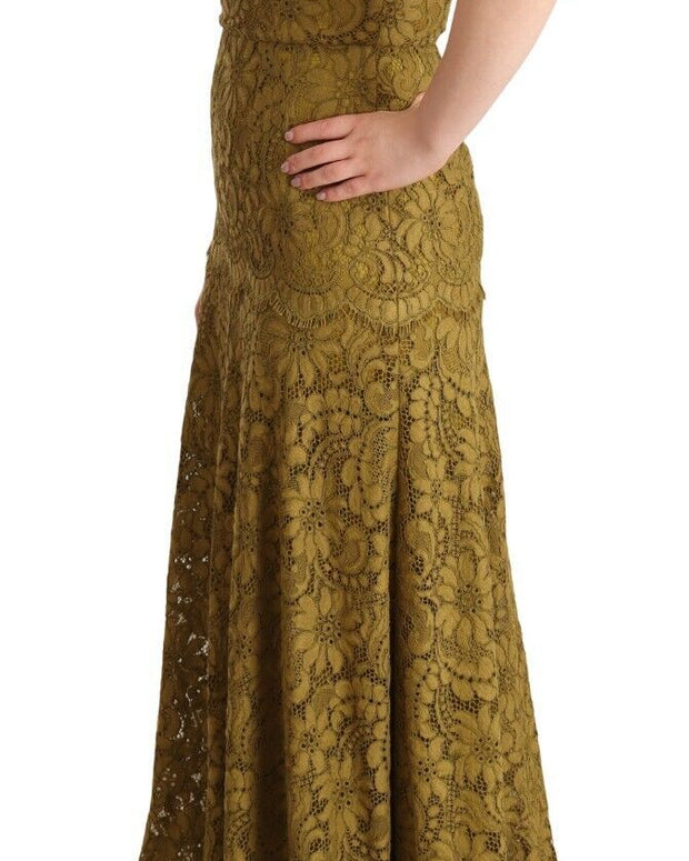 Brown Floral Lace Maxi Floor Length Dress