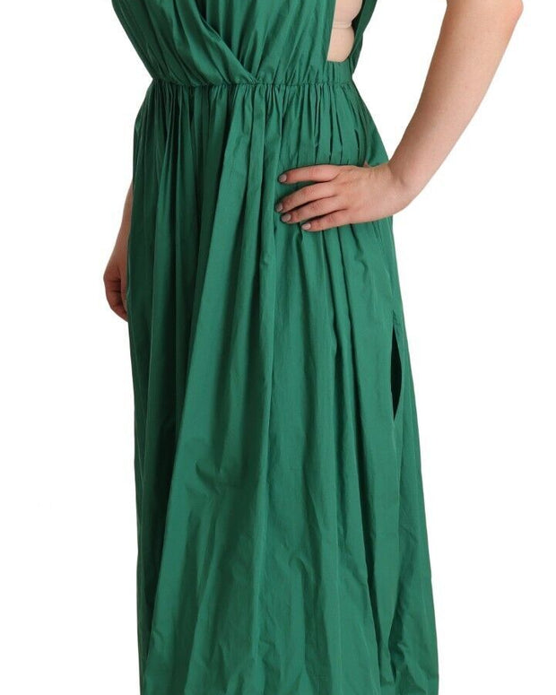 Green Cotton Sleeveless V-neck Dress