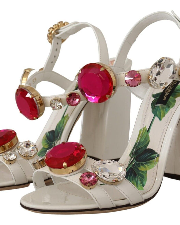 White Leather Crystal Keira Heels Sandals Shoes