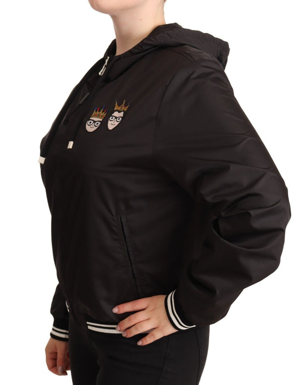 Black Polyester Hooded Bomber Full Zip Jacket