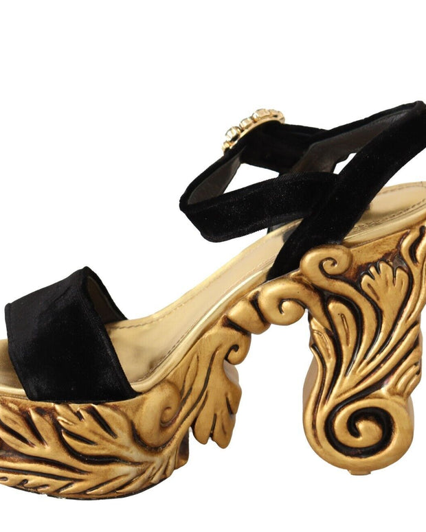 Black Gold Baroque Velvet Heels Crystal Shoes