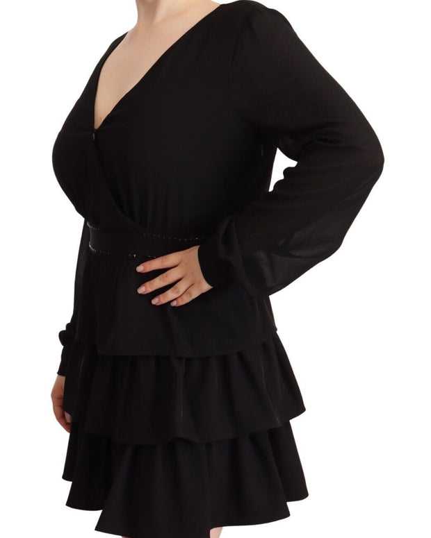 Black Polyester Long Sleeves V-neck Mini A-line Dress