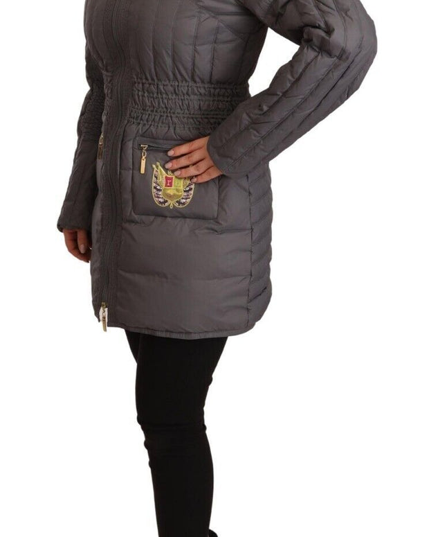 Gray Quilted Long Sleeves Logo Patch Full Zip Jacket