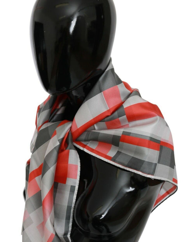 Elegant Silk Checkered Scarf in Gray and Red