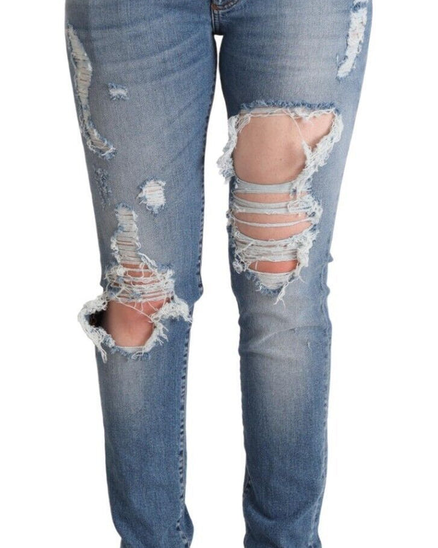 Blue Distressed Cotton Denim Skinny Jeans