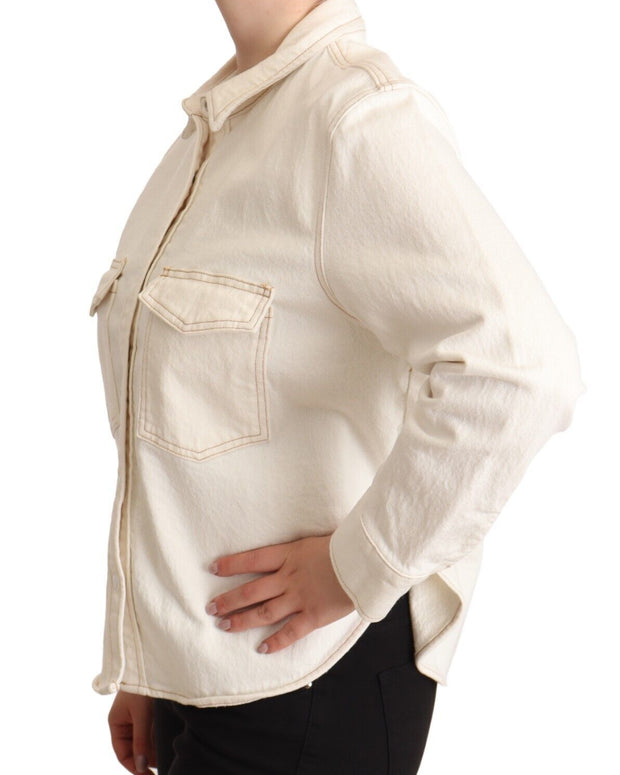 White Cotton Collared Long Sleeves Button Down Polo Top