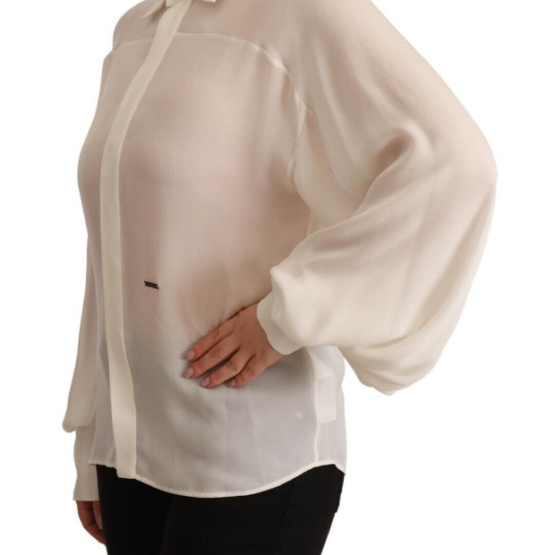 Elegant Off White Silk Long Sleeve Blouse