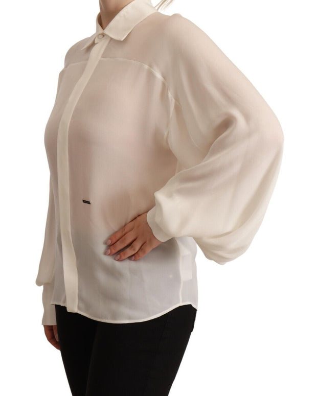 Off White Silk Long Sleeves Collared Blouse Top