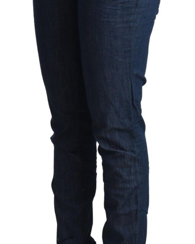 Blue Cotton Low Waist Skinny Denim Folded Hem Jeans