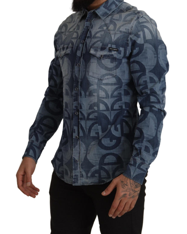 Blue Denim Stretch DG Logo Casual Mens Slim Shirt