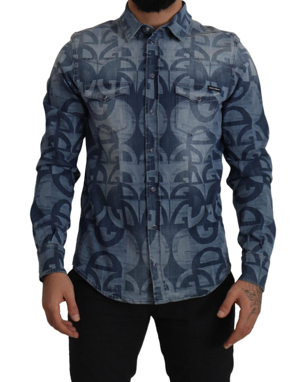 Blue Denim Stretch DG Logo Casual Mens Slim Shirt