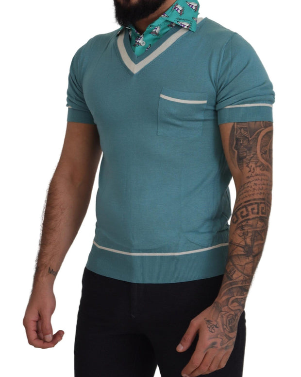 Blue Silk Polo Top Mens V-neck  T-shirt