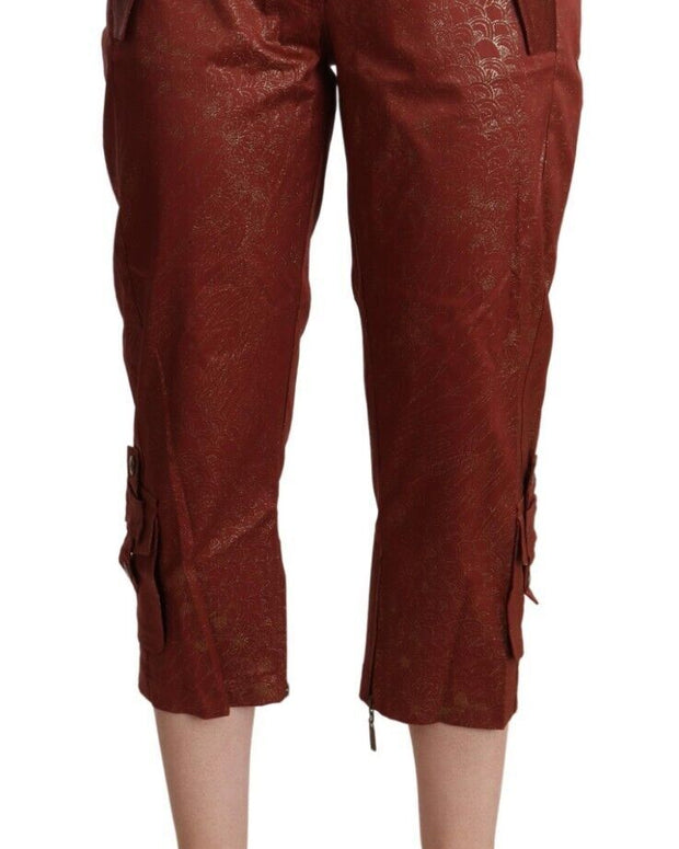 Brown Lurex Mid Waist Cotton Cropped Capri Pants
