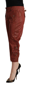 Brown Lurex Mid Waist Cotton Cropped Capri Pants