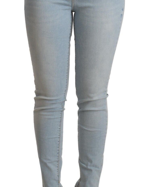 Light Blue Cotton Mid Waist Slim Fit Denim Jeans