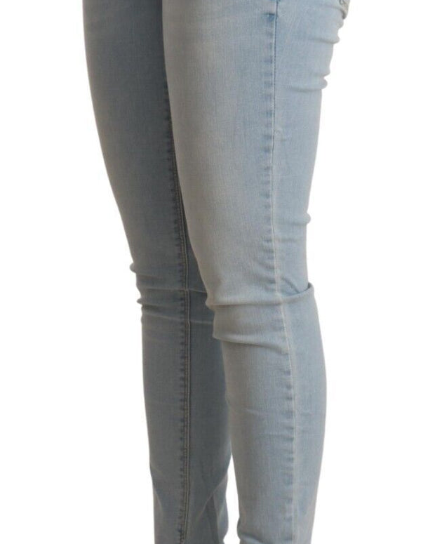 Light Blue Cotton Mid Waist Slim Fit Denim Jeans