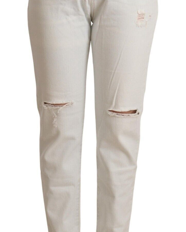 White Cotton Distressed Mid Waist Skinny Denim Jeans