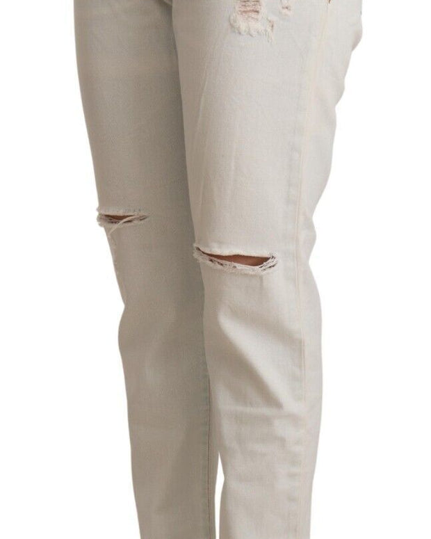 White Cotton Distressed Mid Waist Skinny Denim Jeans