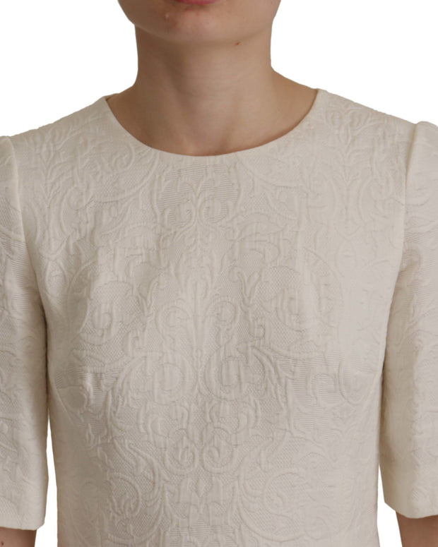 White Jaquard Midi Floral Sheath Brocade Dress