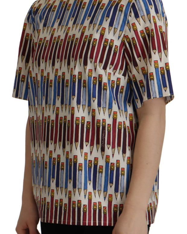 White Pencil Print Cotton T-shirt Blouse