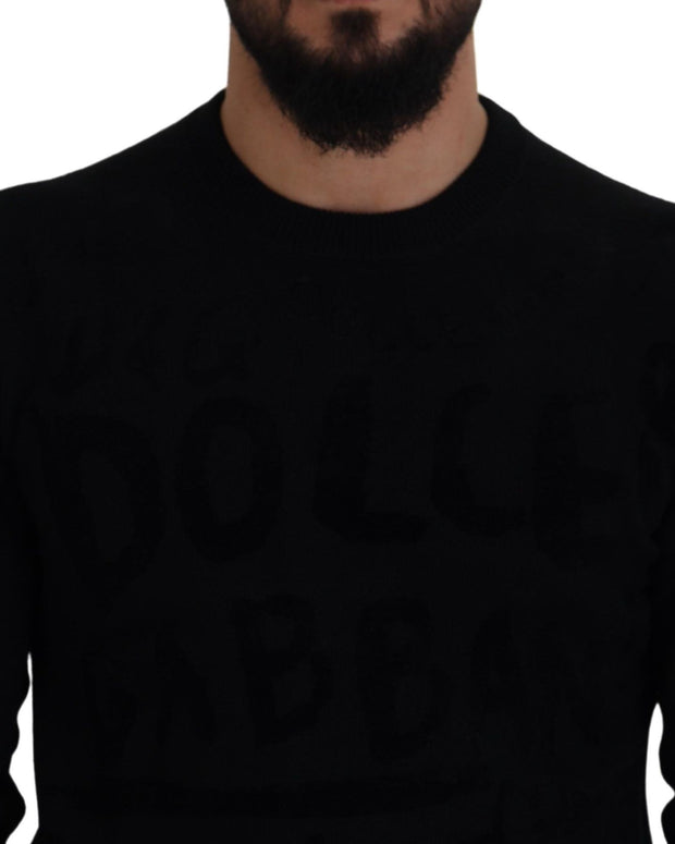 Black Wool Logo Pattern Crewneck Pullover Sweater