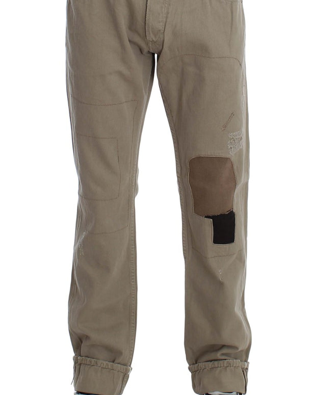 Beige Cotton Patchwork Jeans