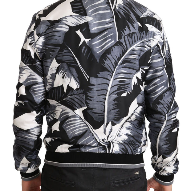 Elegant Banana Leaf Print Silk Bomber Jacket