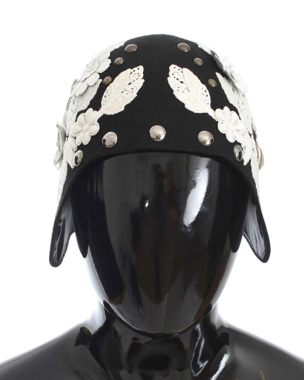 Black Wool White Floral Gold Leaf Hat