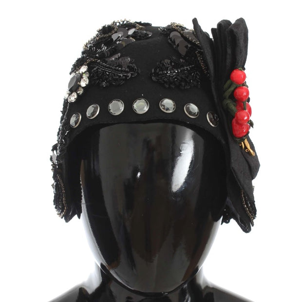 Elegant Black Crystal-Adorned Cloche Hat