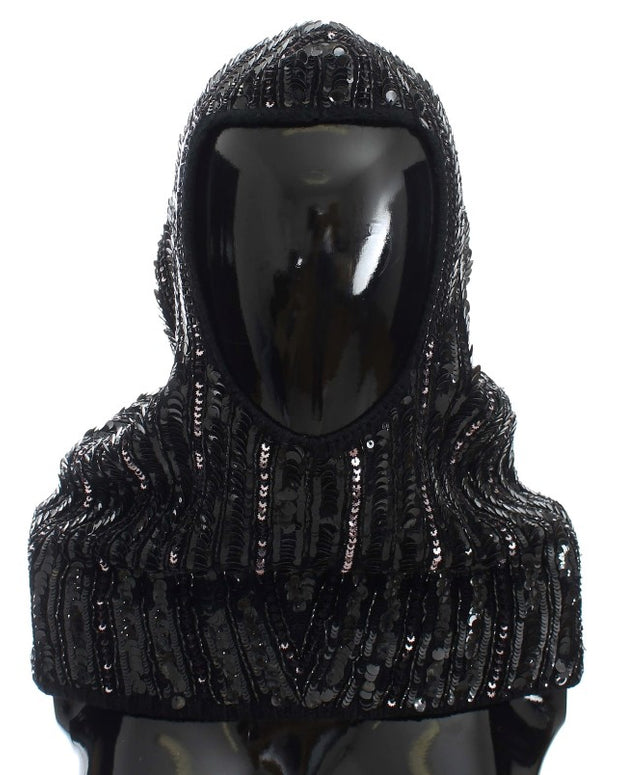 Black Knitted Sequin Hood Scarf Hat