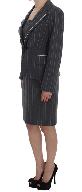 Elegant Gray Striped Dress & Blazer Suit Set