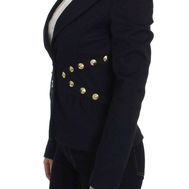 Chic Black Stretch Blazer with Gold Button Detail