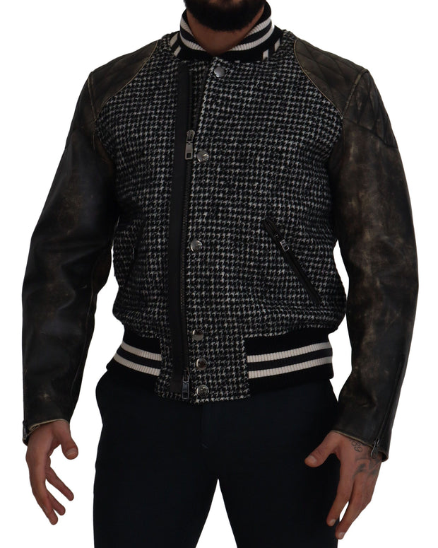Black Houndstooth Polyester Bomber Jacket