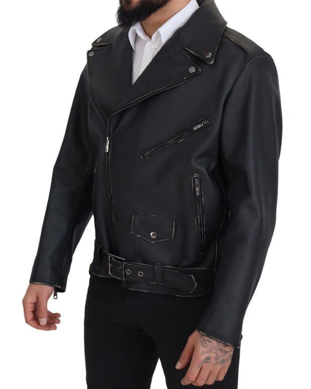Black Leather Biker Coat Zipper Jacket