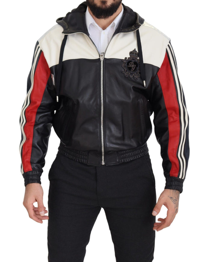 Black Leather Hooded Blouson Coat Jacket