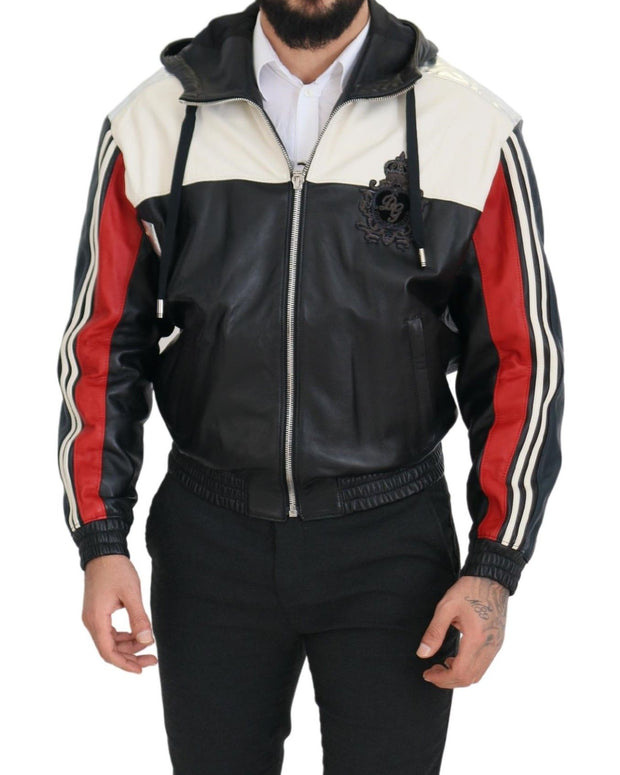 Black Leather Hooded Blouson Coat Jacket