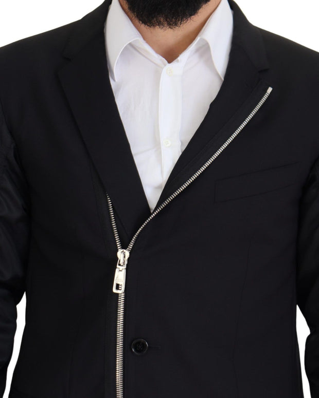 Black Wool Full Zip Long Sleeves Jacket
