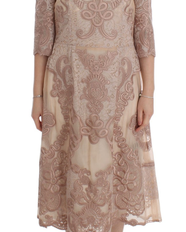 Pink Silk Lace Ricamo Shift Gown Dress