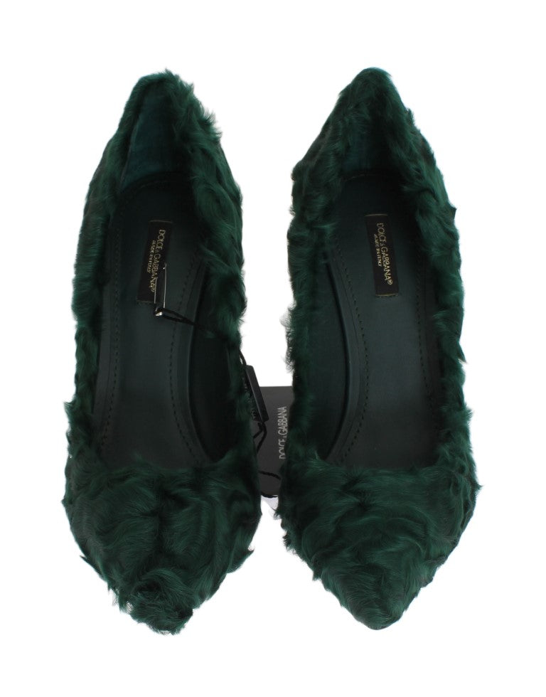 Elegant Green Xiangao Fur Leather Pumps