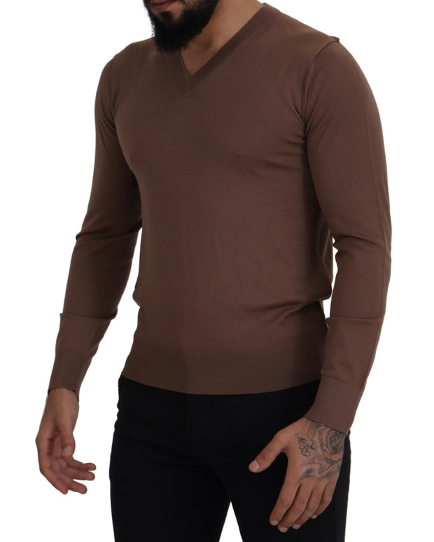 Brown Wool Men V-neck Pullover Sweater
