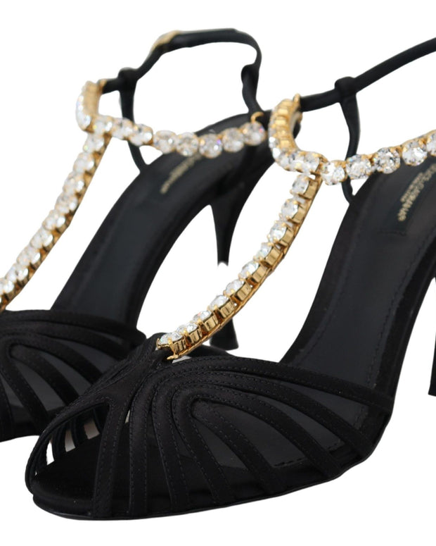 Black Satin Clear Crystal T-strap Sandal Shoes