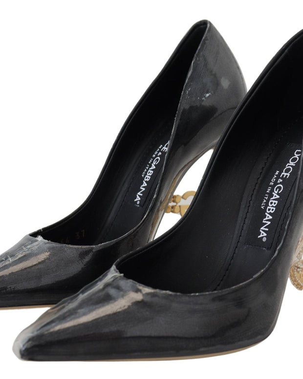 Black Leather Heels Pumps Plastic Wrapped Shoes