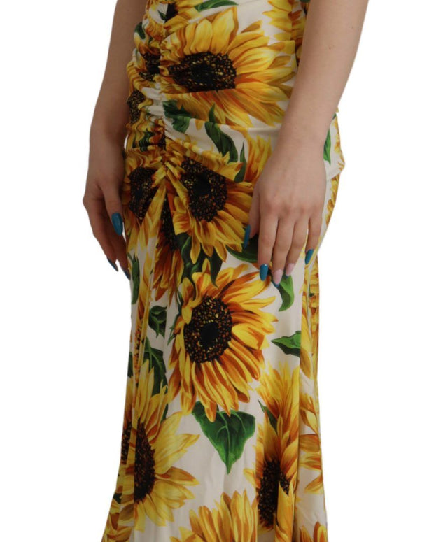 White Sunflower Print Sheath Midi Silk
