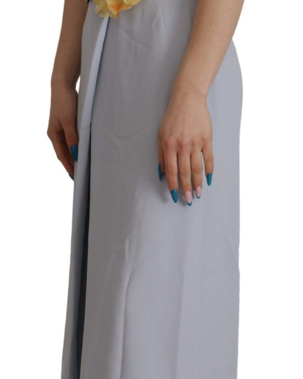 Blue Floral Applique Midi Viscose Dress