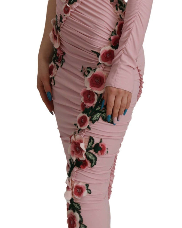 Pink Flower Embellished One Shoulder Dress