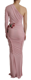 Pink Flower Embellished One Shoulder Dress