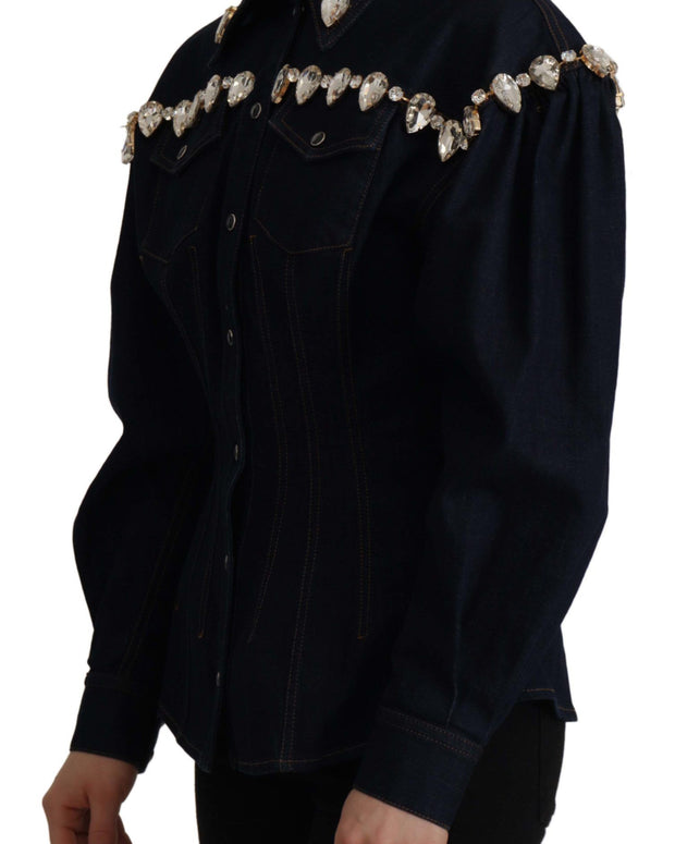 Blue Denim Crystal Embellish Cotton Jacket