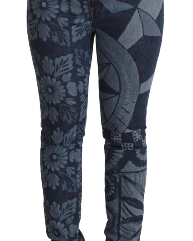 Blue Floral High Waist Skinny Denim Jeans